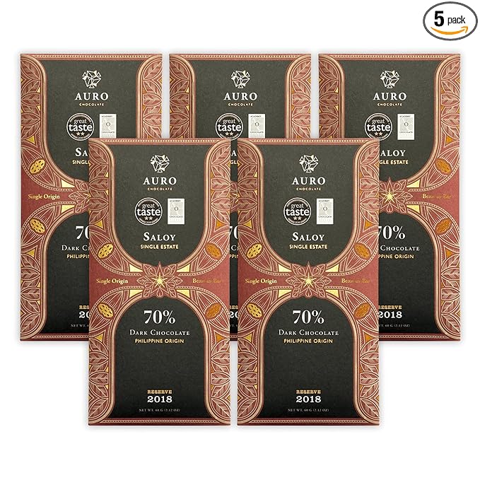 Auro Reserve Saloy 70% Dark Chocolate 5 Pack - Filipino Chocolate - Premium Made At Origin Direct Trade Bean-to-Bar Woman Owned BIPOC Owned - Vegan Gluten-Free - Bundle