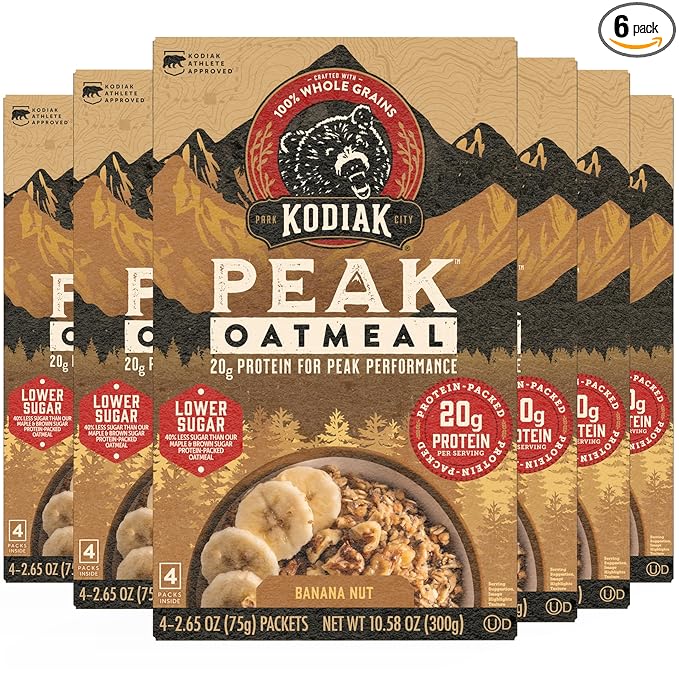 Kodiak Cakes Peak Instant Oatmeal Packets Banana Nut High Protein100% Whole Grains 6 box with 4 packets each (Total of 24 packets)