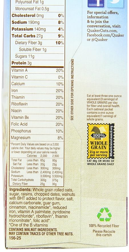 Quaker Instant Oatmeal Raisin Date &amp Walnut 1.3 Ounce Packs - 10 Count Boxes 13 ounce (Pack of 12)