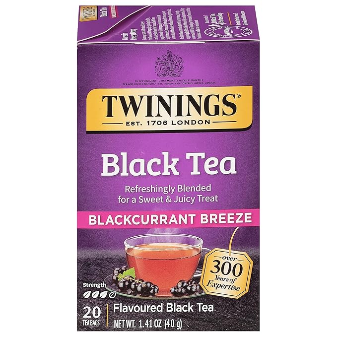 Twinings Blackcurrant Breeze Black Tea Individually Wrapped Bags 20 Count (Pack of 4) Sweet Tangy Taste Caffeinated Enjoy Hot or Iced 80 Teabags.