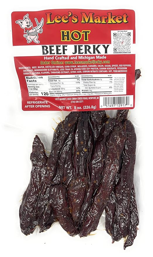 Lee's Market Hot Beef Jerky - Soft &amp Tender - Healthy Low Carb Gluten-Free Snack - Paleo &amp Keto-Friendly - Michigan Made Handcrafted Jerky - Specialty Gourmet Meat Snacks - 8oz