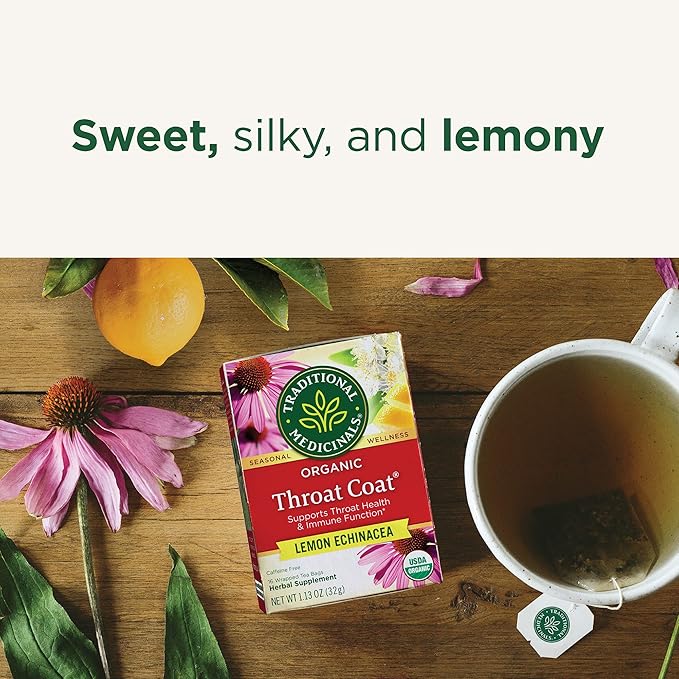 Traditional Medicinals Tea Organic Throat Coat Lemon Echinacea Supports Throat Health &amp Immune Function 96 Tea Bags (6 Pack)