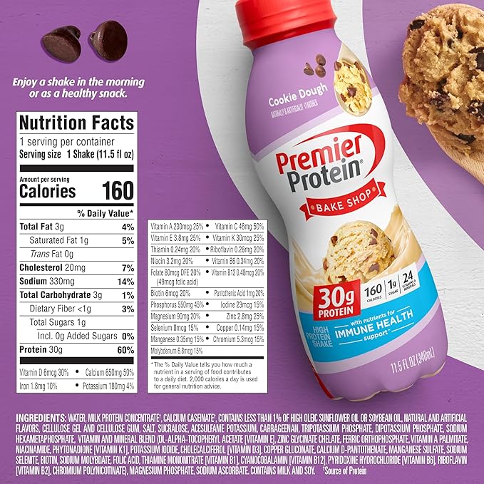 Premier Protein ShakeCookie Dough30g ProteinNo Added Sugar24 Vitamins &amp Minerals to Support Immune Health11.5 fl oz (Packaging May Vary)(Pack of 24)
