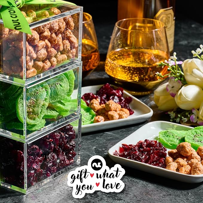 NUT CRAVINGS - Easter Dried Fruits &amp Mixed Nuts Acrylic Tower Gift Basket with Ribbon (3 Tier Assortment) Ramadan Gifts Food Arrangement Healthy Snack Care Package Kosher