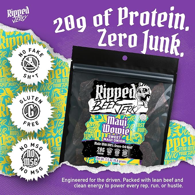 Ripped Beef Jerky - 100% Grass Fed Beef 20g Protein Real Ingredients Gluten Free No MSG Made in USA (2.5 Ounce (Pack of 3) Maui Wowie)