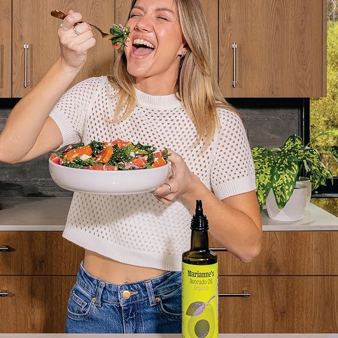 Marianne’s Organic Avocado Oil: 100% Pure Organic Cooking Oil for Frying Sautéing &amp Baking Neutral Flavor High-Heat Performance Up to 500°F Clean Label Project Purity Award