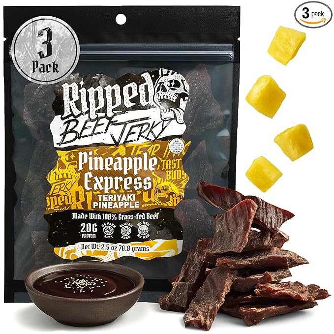 Ripped Beef Jerky - 100% Grass Fed Beef 20g Protein Real Ingredients Gluten Free No MSG Made in USA (Pack of 3 Pineapple)