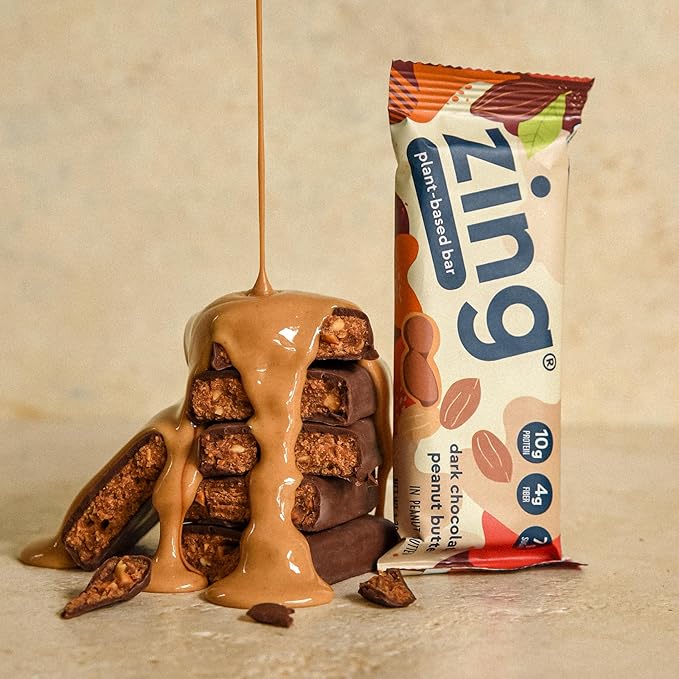 Zing Dark Chocolate Peanut Butter Vegan Protein Bars Gluten Free with High Protein High Fiber Dairy Free Nutrition Bars Plant Based Protein Kosher Low Sugar No Sugar Alcohols - 12 count