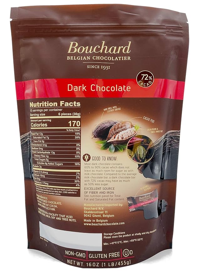 Bouchard Premium Belgian Dark Chocolate with 72% Cacao | Individually Wrapped Pieces (1 LB)