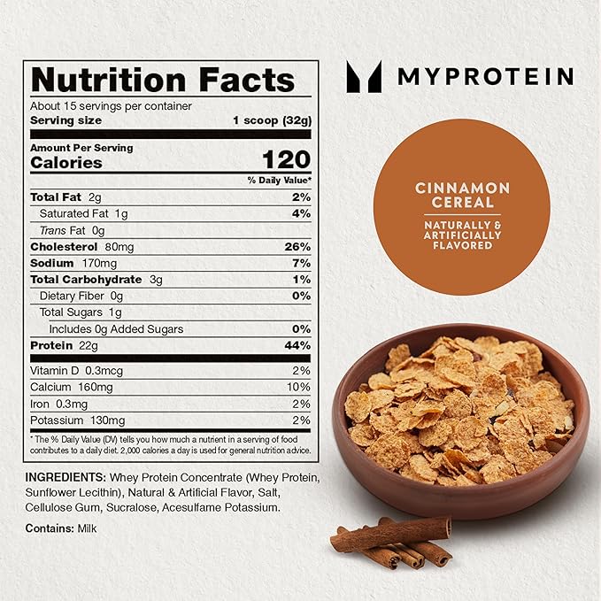 Myprotein Impact Whey Protein Powder 1.1 Lbs (15 Servings) Cinnamon Cereal 22g Protein &amp 5g BCAA Per Serving Protein Shake for Superior Performance Muscle Strength &amp Recovery Gluten Free