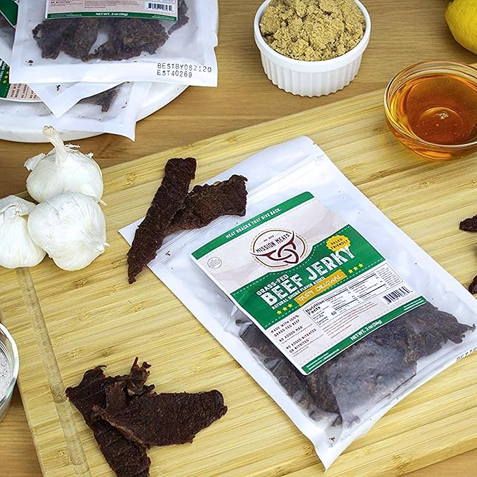 Mission Meats Beef Jerky Original 100% Grass Fed Beef 10g Protein per Serving Delicious &amp Tender – Paleo Keto Carnivore &amp Whole 30 Friendly 2oz Bags (Pack of 3)