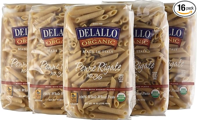 DeLallo Organic Whole Wheat Penne Rigate #361 Pound (Pack of 16)