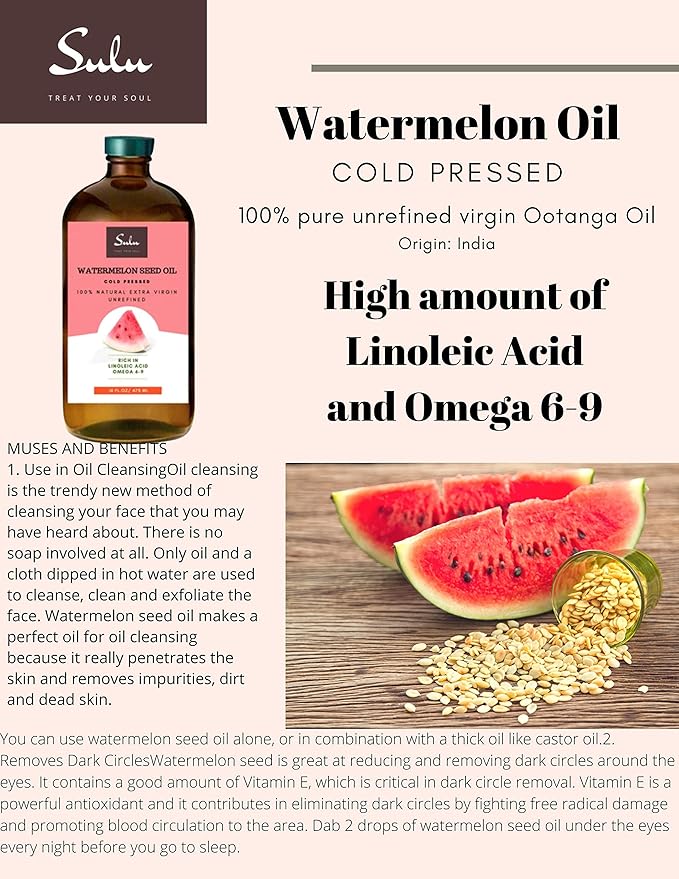 SULU ORGANICS 100% Pure Unrefined Cold Pressed Watermelon Seed Oil - Pure Ootanga Oil (16 fl.oz)