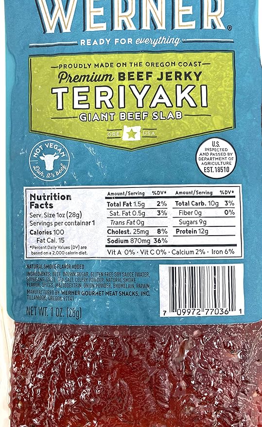 Werner Beef Jerky Slab Pack of 15-1 Ounce Individually Wrapped Meat Snacks (Teriyaki)