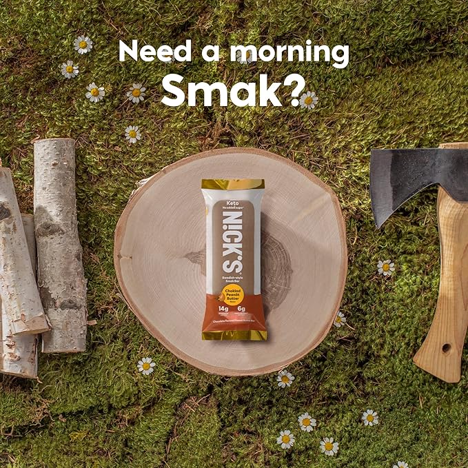 Nick's Smak Bar Protein Bar Chocolate Peanut Butter Eat Cold No Added Sugar Protein Keto Snack 14g Protein 6g net carbs 8 Count