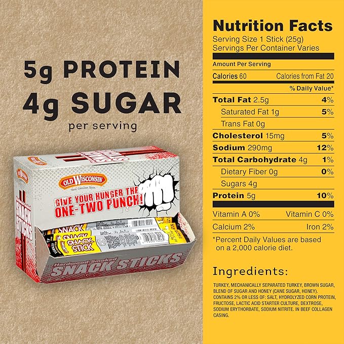 Old Wisconsin Honey Turkey Sausage Snack Sticks Naturally Smoked Ready to Eat High Protein Low Carb Keto Gluten Free Counter Box Pack of 42 Individually Wrapped Sticks