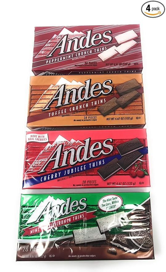 Andes Candies Chocolate Variety Pack of 4 Flavors: Peppermint Crunch Toffee Crunch Cherry Jubilee Mint Cookie Crunch (4.67 oz./28 Pieces Each)