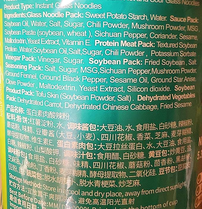 Vegan Protein Hot and Sour Glass Noodles Instant Cup Noodles5.3 Oz 4-Cups