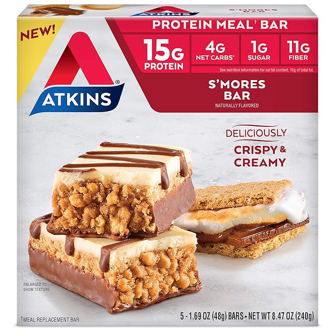 Atkins S’mores Protein Meal Bar High Fiber 1g Sugar 4g Net Carbs Meal Replacement Keto Friendly 5 Count
