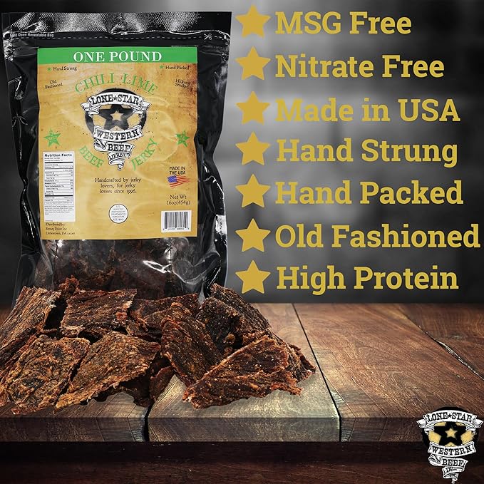 Lone Star Chili Lime Flavored Beef Jerky - 1 Pound Resealable Bag - Hickory Smoked Handcrafted Flavor - High Protein Healthy Meat Snack
