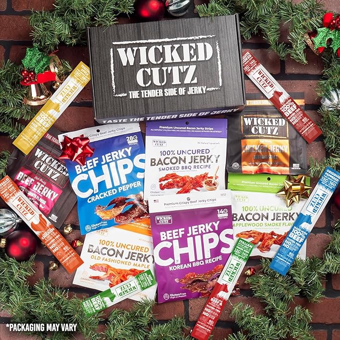 Wicked Cutz Jerky Gift Basket Includes Bacon Jerky Beef Jerky Meat Sticks and Beef Chips | Tender Easy to Chew USA Made High Protein Carnivore Snacks | Unique Gifts for Men (13 Pack)