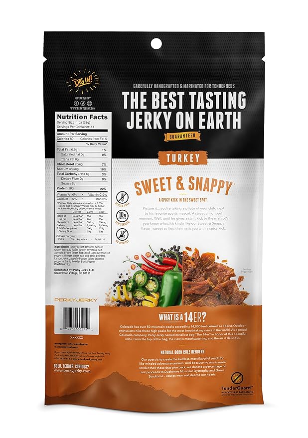 Perky Jerky Sweet and Snappy Turkey Jerky 14oz - Low Sodium - 10g Protein per Serving - Low Fat - 100% U.S. Sourced - Tender Texture and Bold Flavor