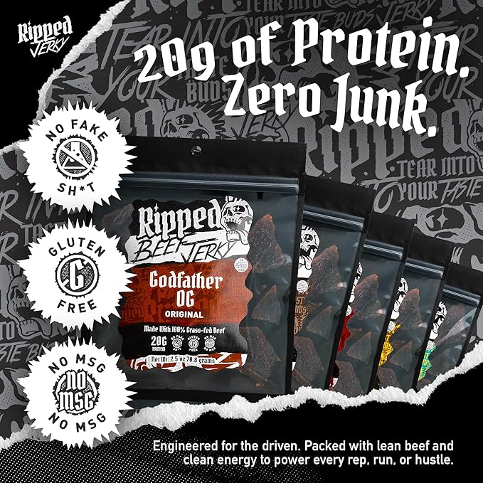 Ripped Beef Jerky - 100% Grass Fed Beef 20g Protein Real Ingredients Gluten Free No MSG Made in USA (2.5 Ounce (Pack of 5) Variety Pack)