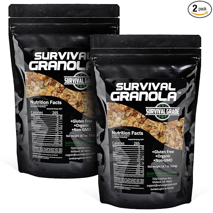 Survival Grocery Organic Ancient Grain Survival Granola™ - Gluten Free Non-GMO No Added Sugar High Protein Snack With Nuts Seeds Coconut and Honey - Ideal for Breakfast Cereal Yogurt or Snack