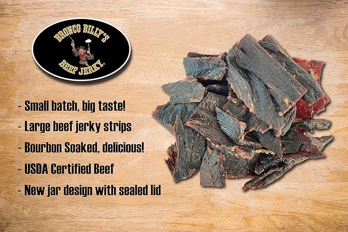 Bronco Billy's Beef Jerky Bourbon Soaked Half Pound Jar - 8oz - New Jar Design