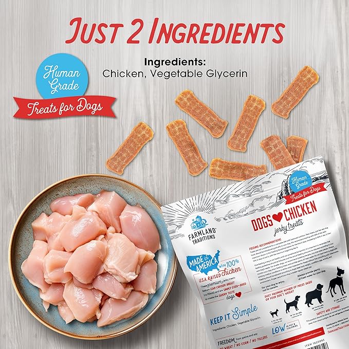Farmland Traditions Dogs Love Chicken Jerky Dog Treats Premium Two-Ingredient Dog Jerky with USA-Raised Human-Grade Chicken &amp No Antibiotics Ever 3 Pound (Pack of 1) Bag.