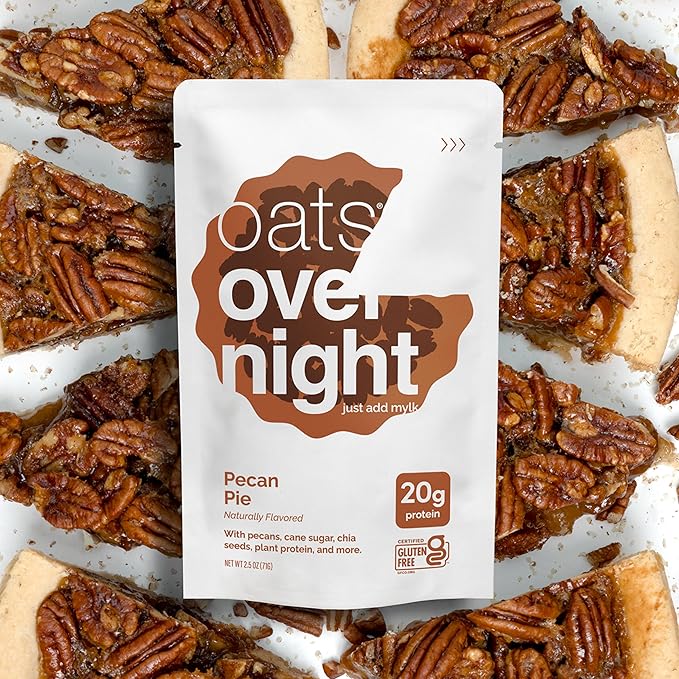 Oats Overnight Pecan Pie - Overnight Oats with 20g Plant-Based Protein High Fiber Breakfast Protein Shake - Vegan Gluten Free Oatmeal Non GMO High Protein Oatmeal (2.5 oz per Meal) (16 Pack)