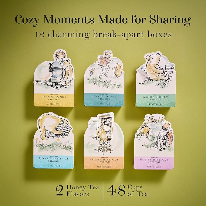 Thoughtfully Classic Winnie-the-Pooh Character Tea Gift Set Includes 12 Illustrated Boxes with Quotes from A.A. Milne Lemon Honey and Honey Hibiscus Flavors Baby Shower Nursery or Birthday Gift