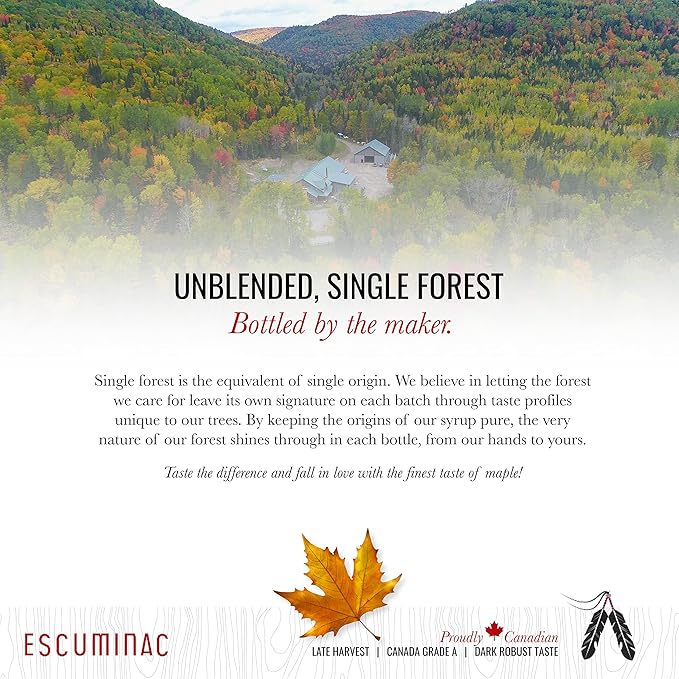 Escuminac Very Dark Canadian Maple Syrup Family Size 1L (33.8 fl oz) Canada Grade A - Strong Taste For Cooking – Pure Organic Single Origin Unblended.