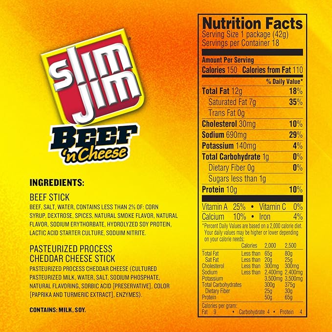 Slim Jim Beef 'N Cheese Smoked Meat Sticks Mild Flavor 8g Protein Per Serving Easter Basket Stuffer for Men 1.5 oz. (18 Count)