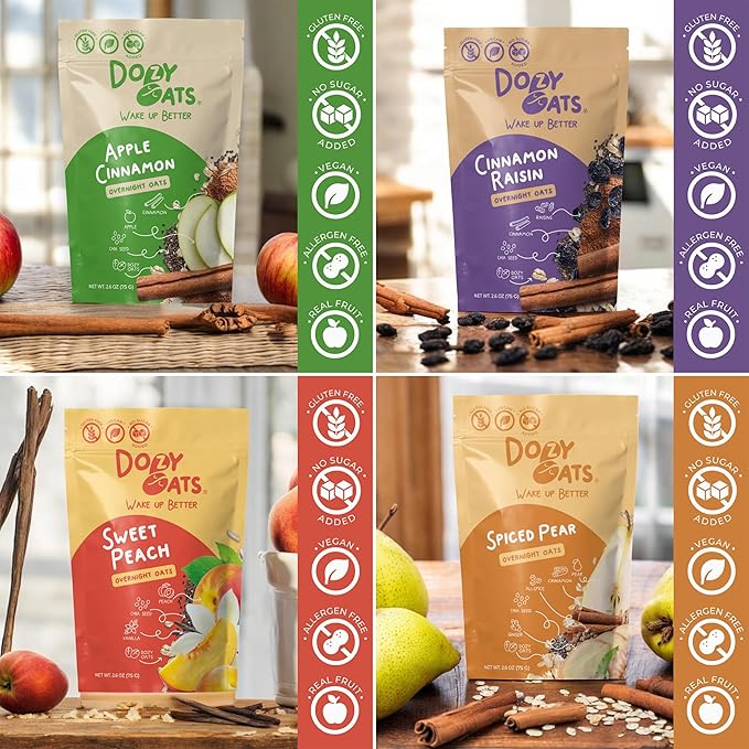 Dozy Oats Overnight Oatmeal Packets Vegan/No Added Sugar Variety Box with Rolled Oats Chia Seeds Date Powder and Dried Fruit. Gluten-Free Natural Source of Protein and Fiber 16-Pack