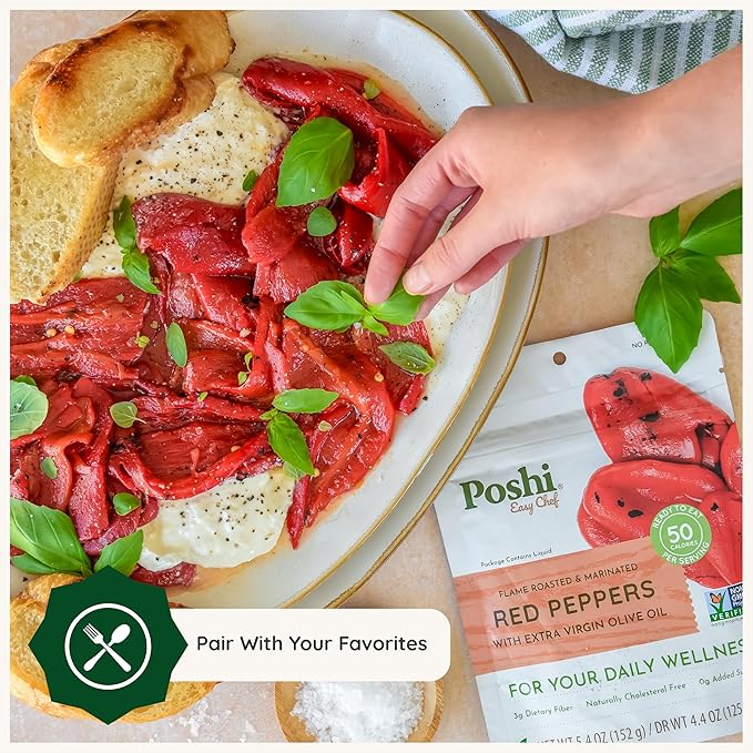 POSHI Flame Roasted Red Peppers in Extra Virgin Olive Oil Natural Keto Vegan Non GMO Low Carb + Calorie Gluten Free Ready to Eat Fully Cooked Vegetables Pentry Food Gourmet 6 Pack 5.4 oz