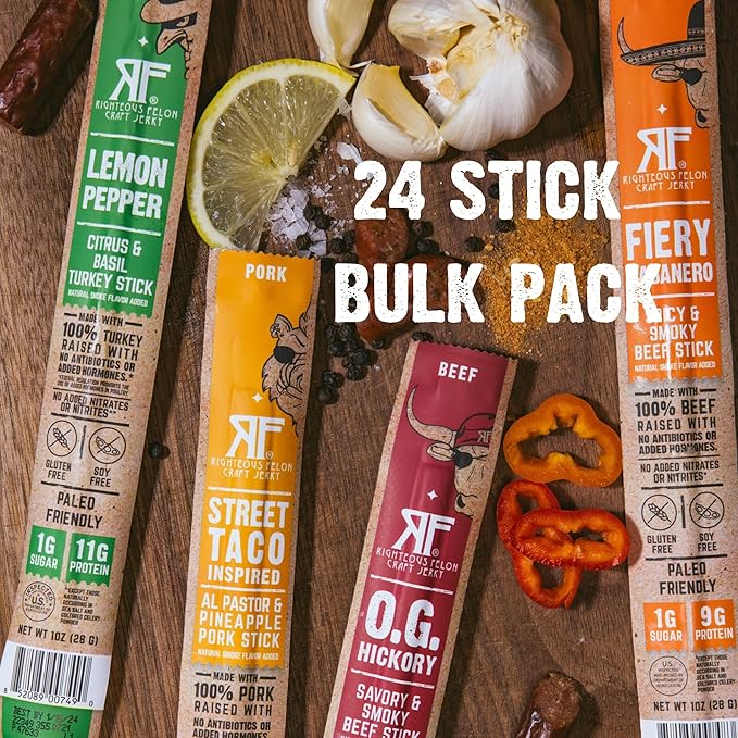 Righteous Felon Variety Meat Sticks | 100% Grass Fed Beef Turkey &amp Pork | 210g Total Protein | Gluten-Free Low Sugar High Protein Snack Sticks | Individually Wrapped | Jerky Variety Pack 24 Co