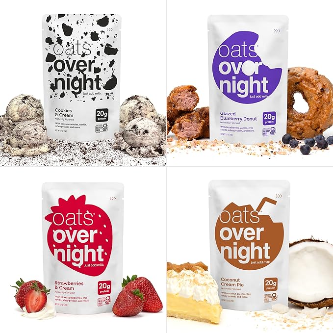 Oats Overnight Party Variety Pack - High Protein High Fiber Breakfast Protein Shake - Gluten Free Oatmeal Non GMO Oatmeal - Cookies &amp Cream Coconut Cream Pie &amp More Flavors (8 Pack + Shaker
