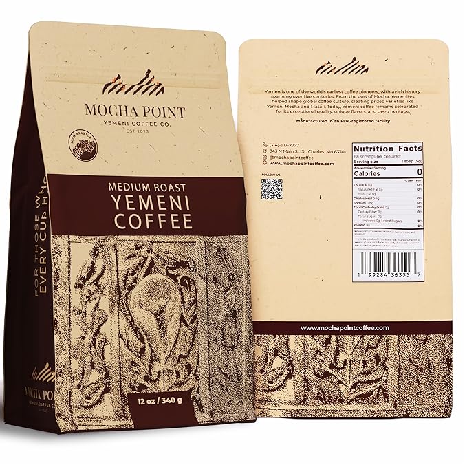 Mocha Point Medium Roast Yemeni Coffee – 100% Arabica Beans from Yemen – Rich Smooth and Balanced Flavor – Small-Batch Roasted for Freshness – No Additives – 12 oz / 340g Bag