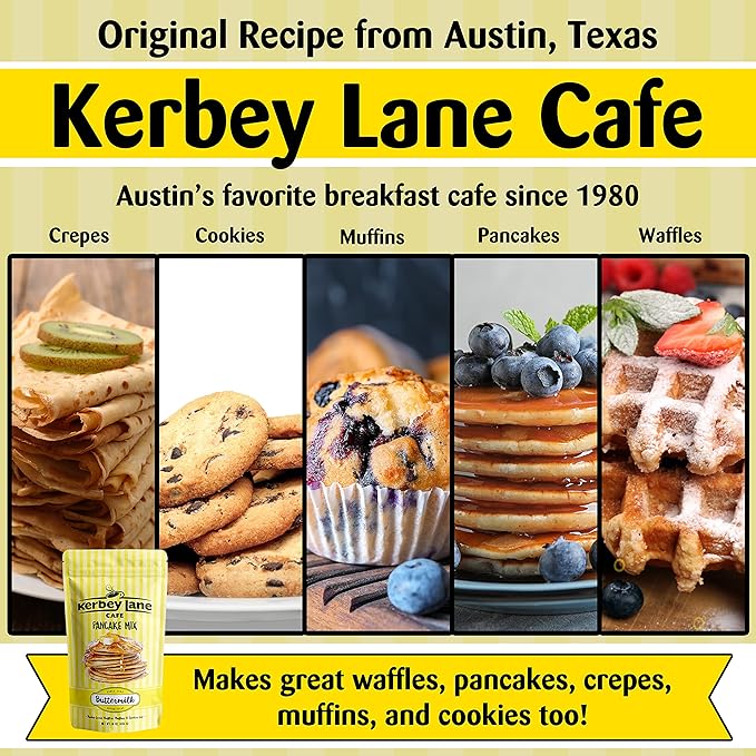 Kerbey Lane Cafe Buttermilk Pancake Mix – Easy to Make Mouth Watering Recipe for Light and Fluffy Pancakes Waffles Flapjacks Muffins Cookies. Stay Fresh Resealable Bag (4 Lbs Pack of 1)