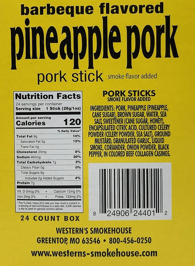 Western's Smokehouse Meat Sticks Barbeque &amp Pineapple Pork Jerky Sticks – Pack of 24 Meat Sticks Individually Wrapped (1.0 Ounce) Gluten-Free MSG-Free Soy-Free Nitrate-Free Nitrite-Free