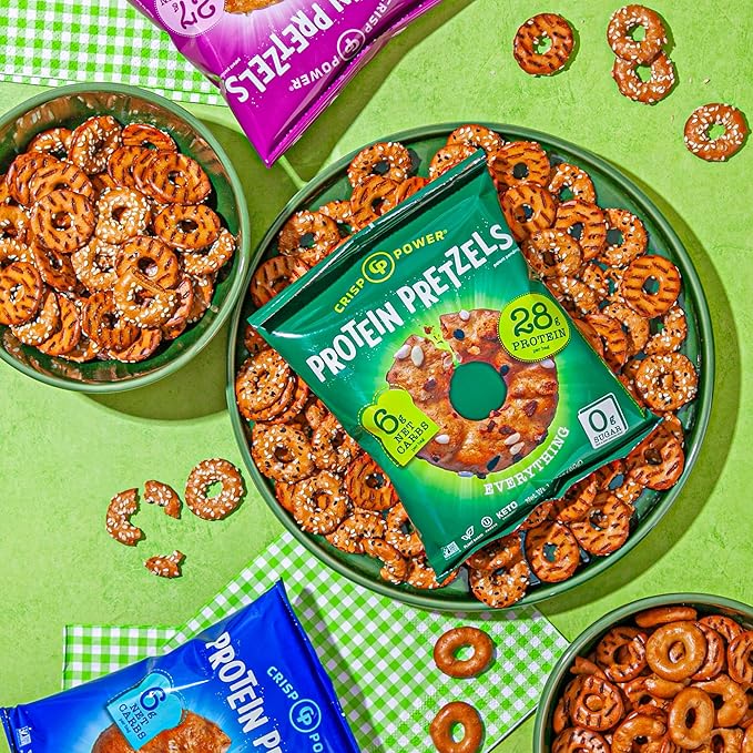 CRISP POWER Protein Pretzels Variety Pack With Sea Salt Sesame &amp Everything Up To 28G Protein High Protein Snack High Fiber Low Carb Crunchy Pretzel Snacks No Added Sugar 1.75 oz Bags 24