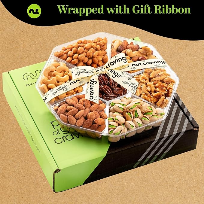 NUT CRAVINGS - Sympathy Condolence Mixed Nuts Gift Basket with Sympathy Ribbon + Greeting Card (7 Assortments) Food Platter Healthy Snack Care Package Food Assortments