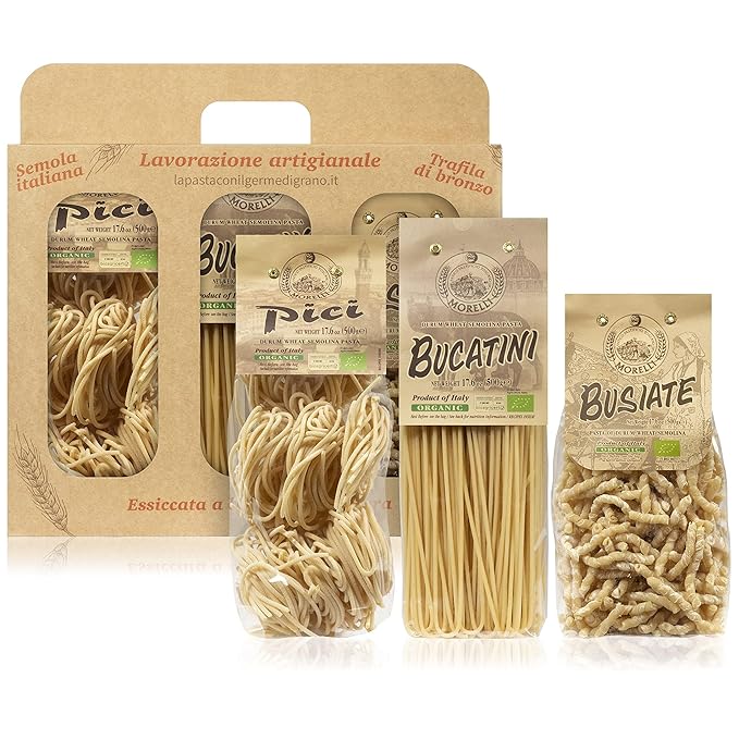 Morelli Busiate Pici and Bucatini Organic Pasta Variety Pack - Imported Italian Pasta Sampler - Specialty Assortment Includes Three-17.6 oz Packages of Gourmet Pasta from Italy