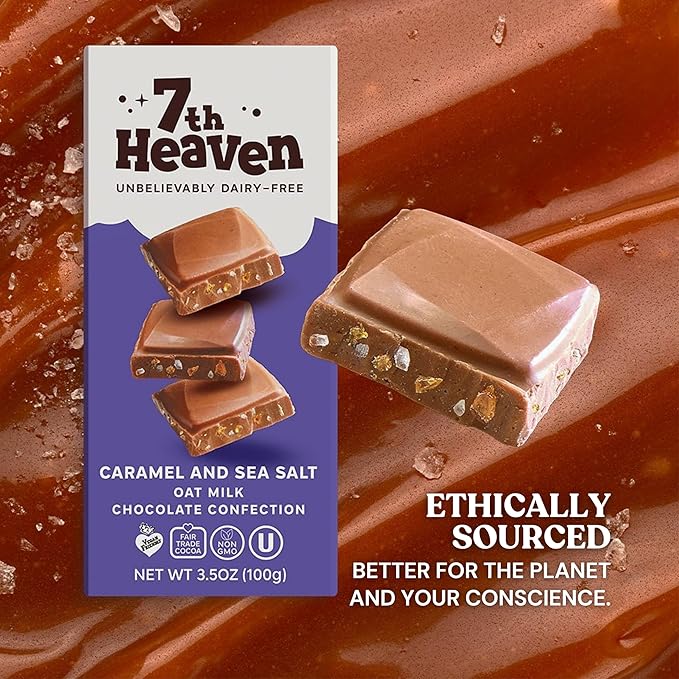 7th Heaven Vegan Oat Milk Chocolate Bars: Caramel and Sea Salt - (3.5 oz - 4 Pack) Healthy Chocolate Perfect Valentines Gift For Your Loved Ones 100% Dairy Free Non GMO Kosher Parve Cruelty Fre