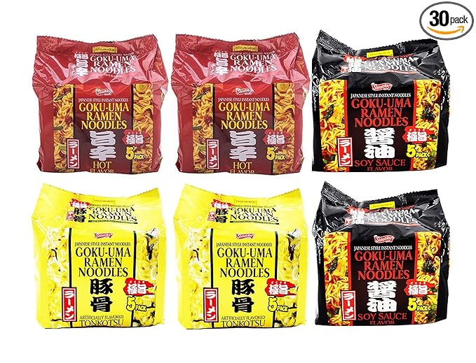Shirakiku Japanese Goku-Uma Instant Ramen Noodle Tonkotsu/Hot/Soy Sauce Flavor Pack of 30 (Tonkotsu/Hot/Soy Sauce Pack of 30)