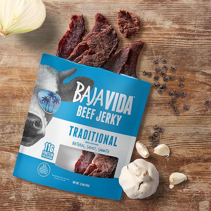 BAJA BEEF Traditional Beef Jerky - Sweet and Spicy Beef Jerky Snack Packs Healthy Jerky Gluten-Free All-Natural Beef No MSG Made in the USA - 2.5 Oz Bags (Pack of 4)