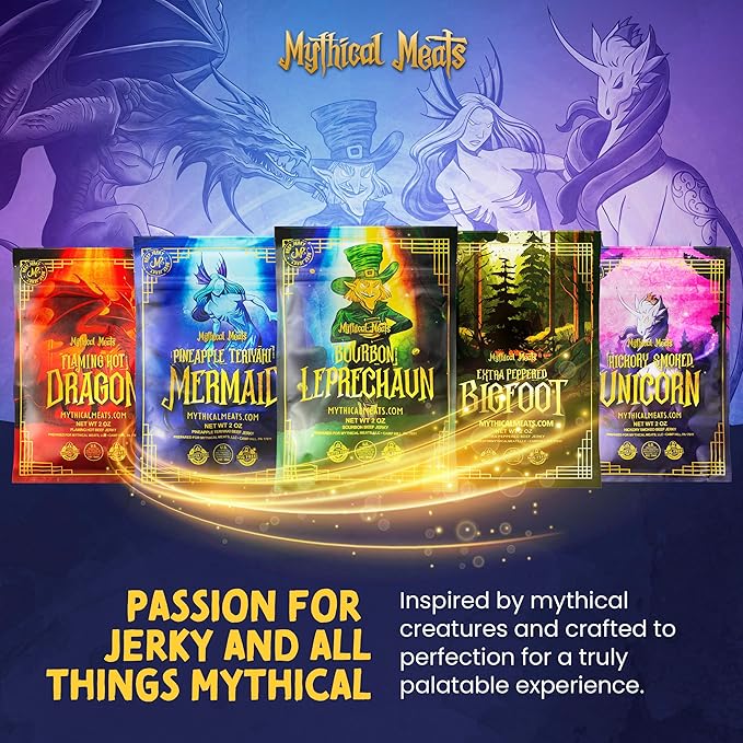 Mythical Meats Exotic Beef Jerky Sampler Pack - 5 Unique Flavors 2 Oz Snack Bags of Hand-Cut Premium Jerky MSG Free