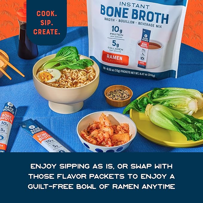 Bare Bones Ramen Bone Broth Instant Powdered Mix Packets | 5g Collagen | 10g Protein | Keto &amp Paleo Friendly | No Artificial Flavors | Non-GMO Gluten-Free Dairy-Free Rich Savory on-the-go 16 Pac