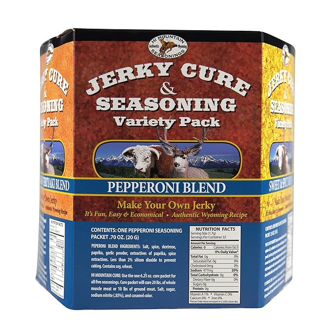 Hi Mountain Jerky Seasoning and Cure Kit | VARIETY PACK #2 | 5 Delicous Flavors: Mandarin Teriyaki Pepperoni Sweet &amp Spicy Inferno Pepper | Make Beef Jerky at Home | Beef Deer Elk &amp Veni